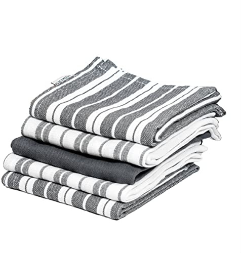 Blackmoor Set of 5 Tea Towels/Soft and Super Absorbent Kitchen Dish Towels/Grey or Navy Stripe Design / 50 x 70cm (Grey)