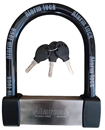 EnzZone Bike Locks Heavy Duty Anti Theft Alarm Bike U Lock for Ebike Lock - Scooter Lock - Bicycle Lock, Motorcycles,16mm Stainless Steel, 3 Keys, Weatherproof Electric Bike Lock (Silver)
