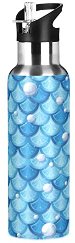 Vnurnrn Bolle Scaglie di Sirena Blu Borraccia in Acciaio Inossidabile Termica A Tenuta Stagna con Cannuccia per Ragazzi Ragazze