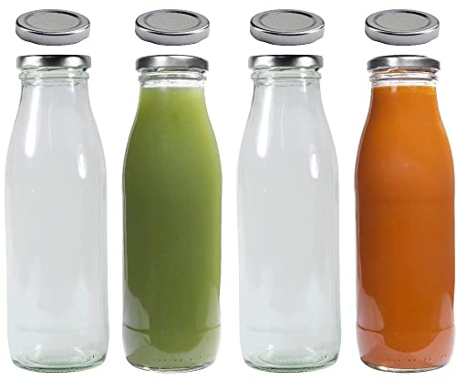 4 Glasflaschen 500 ml mit 8 Deckeln silberfarben inkl. Etiketten