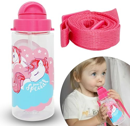 Bouteille d'eau Tritan de 500 ml avec paille, bouteille d'été licorne avec sangle, sans BPA, anti-fuite, pour l'école, les voyages, l'aventure, le camping et le sport, pour filles de 3 ans et plus,