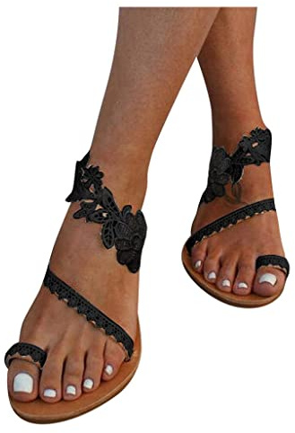 Römersandalen Damen Flach: Zehensandalen Sommerschuhe Boho Strandsandalen Brautschuhe Sommer Flache Sandalen Riemensandale Spitze Retro Flip Flop Outdoorsandalen Arbeitsschuhe