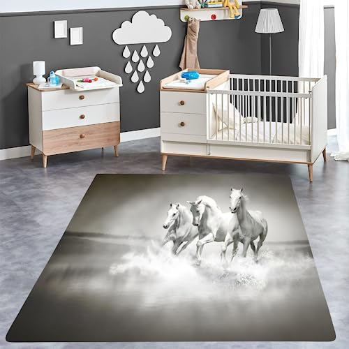 ITOMEN Weißes Pferd Teppich Kinderteppich Modern 3D Pferdetier Teppich Kinderzimmer Kurzflor Teppiche rutschfeste Spielteppiche für Schlafzimmer Wohnzimmer Zimmer 60x90 cm