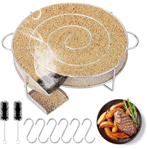 mizikuu Générateur de fumée froide avec anse, rond, en acier inoxydable, générateur de fumée froide avec 6 crochets à viande + 2 brosses de nettoyage, fumoir alimentaire pour barbecue, fumoir,