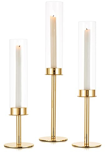 Sziqiqi Gold Candlestick Holders for Wedding 48/42/36cm- 3Pcs Tall Taper Candle Holder Decorative Candle Sticks Holder with Removable Glass Candle Stand for Christmas Table Centerpiece