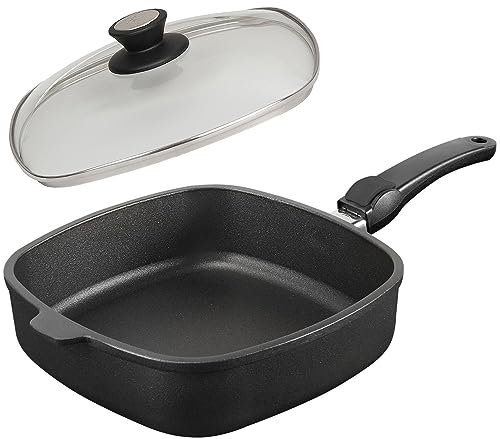 SKK 2-tlg. Eck-Schmorpfanne 26x26 cm - ohne Induktion - Aluguss Antihaft Hochrand-Pfanne Stiel abnehmbar & Deckel mit Edelstahlrand - Made in Germany