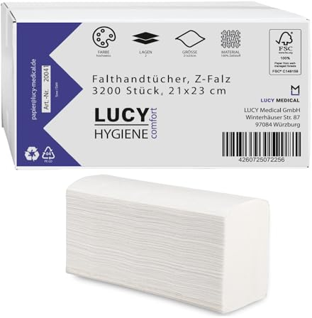 LUCY Hygiene Papierhandtücher N-Falz für Spender | 2-lagig, 23x21cm | 3200 Blatt | 100% Zellstoff, Hochweiß | saugstark, reißfest & weich |Optimal für N-Falz (INTERFOLD bzw. MULTIFOLD) Handtuchspender
