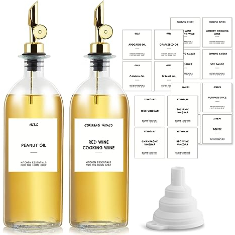 Olive Oil Dispenser Bottle for Kitchen,Set of 2 Gold 16.9oz/500ml Oil and Vinegar Dispenser Set with Weighted Pourer,Glass Coffee Syrup Dispenser with Waterproof Label×40,Silicone Funnel×1