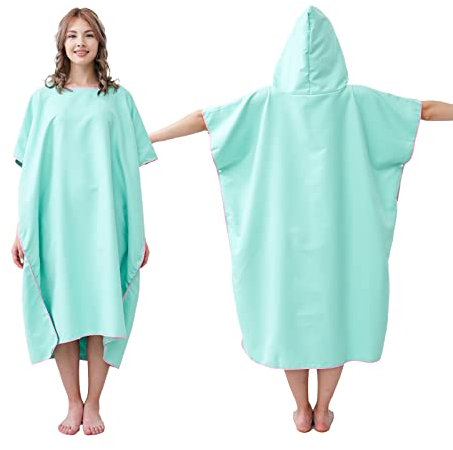 jooeer Poncho Surf Microfibra Adulto Toalla de Playa Poncho Piscina con Capucha para Mujer Hombre Natación Vacaciones Viajes Camping, Verde