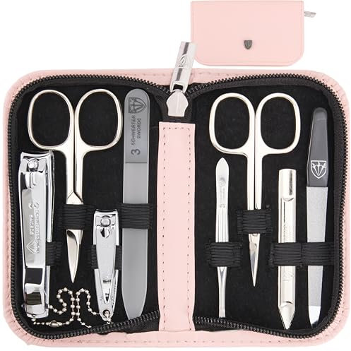 3 Swords Germany - brand quality 8 piece manicure pedicure grooming kit set in light pink fashion leather case in gift box - Made by 3 Swords
