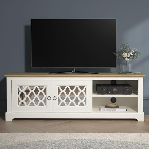 Galano Novara Wide TV Unit, Entertainment Centre for up to 65 TV, 150cm TV Unit with 2 Doors, TV Stand Cabinet for Living Room, Large Storage (Ivory/Oak)