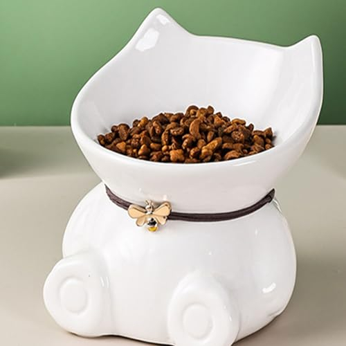 Disoza Katzen Futternapf Erhöht Keramik Katzennäpfe Porzellan Fressnapf 14.8x14.6x14.3 cm Weiß Katze Näpfe Schale in Katzenform Futterstation für Katzen Spülmaschinenfest Katzennapf Katzen Zubehör