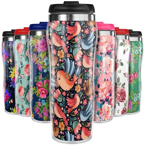 Pixly® Birds and Flowers Thermal Travel Mug Coffee Tea Flask, 400ml/14oz Capacity, Flower, Floral Pattern - Birds & Flowers