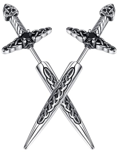 JewelryWe Schwert Kreuz Ohrringe Herren: Gothic Edelstahl Keltische Knoten Dolch Kreuz Ohrringe mit Schwarz Zirkonia Punk irisches Schwert Spike Ohrstecker Ohr-Piercings für Männer Frauen Silber