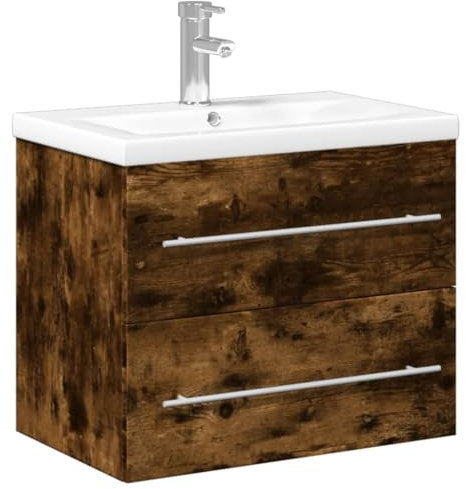 vidaXL Waschbeckenunterschrank mit Einbaubecken, Waschbeckenschrank mit viel Stauraum, Waschtisch Waschbecken Wandmontage mit Überlauf, Unterschrank Bad Möbel, Räuchereiche