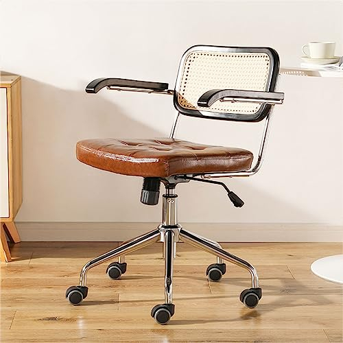 CUNTO PU-Leder-Drehstuhl mit mittlerer Rückenlehne, höhenverstellbar, Retro-Design, Heimbüro-Schreibtischstuhl, Rückenlehne aus massivem Holz, gewebt, Bequeme Armlehnen