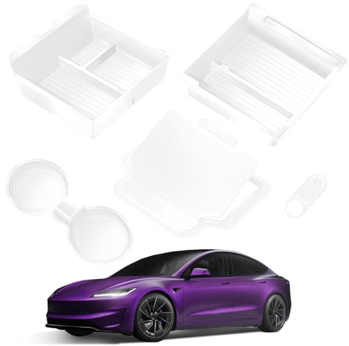TSLDRV Center Console Organizer Tray for Tesla Model Y Juniper Accessories 2025 2026/For Tesla Model 3 Highland Accessories 2024 2025 2026 [Slide Smoothly/US Patent] Cup Holder White