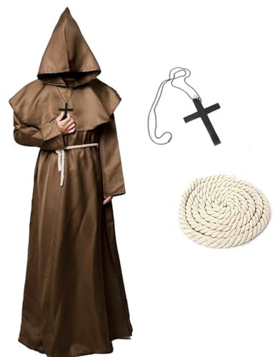 KEELYY Mönch Robe Priester Kostüm Herren Halloween Kostüm mit Kapuze und Kreuz, Mönch Priester Gewand Männer Mönchskutte für Halloween, Karneval, Mittelalterliche, Renaissance,Braun-L