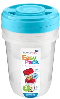 HOMESHOPA Blue Round Plastic Food Storage Containers, 2Pk - 500ml & 1L Screw & Seal Lids BPA-Free Stackable Leak-Proof Airtight Canisters, Microwave and Dishwasher Safe
