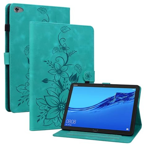 Rosbtib Coque pour Huawei MediaPad M5 Lite 10/ C5 (10,1 Pouces), Multi-Angles de Visualisation Housse de Protection en Similicuir avec Porte-Carte Couverture Motif Lys, Vert