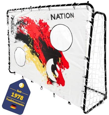Best Sporting Fußballtor-Set 213 x 152 x 76 cm in Schwarz mit Torwand | Fußballtor mit weißem Netz & verschiedenen Motiven | Für Kinder & Erwachsene | Inkl. Heringe & U-Haken (Nation D)