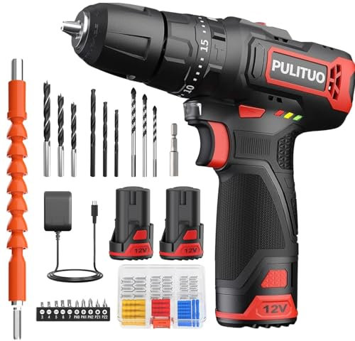 Akku-Schlagbohrmaschine 12 V, PULITUO schlagbohrschrauber set, Akkuschrauber mit 3/8 Metallfutter, 21 + 1 + 1 Drehmomentstufen, mit 2 x 1300mAh Akkus,2 Gang, LED-Licht, 35 N.m maximales Drehmoment