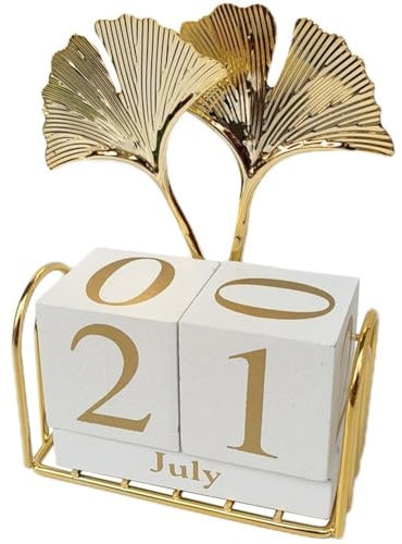 Tsffae Wooden Block Calendar for Desk, 1pc Desktop Perpetual Calendar, Modern Metal Leaf Sculpture Month Date Display Blocks Desk Calendar for Home Office Decor