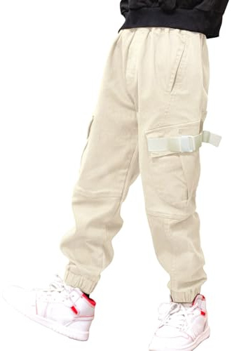 Pantalon Cargo pour Garçon,Style décontracté, Taille élastique, Enfant Jogging Uniforme Scolaire Pantalon de Sport(Blanc crèmeux,10-12ans)