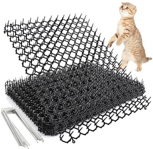 YAYODS 12PCS Cat Scat Mat With Spikes, 30x40CM Anti Cat Spikes Mats, Plastic Cat Deterrent Spikes for Garden Fence Outdoor, Pet Deterrent Spikes Mat for Dogs Foxes Cats with 12 U-shaped Pegs, Black