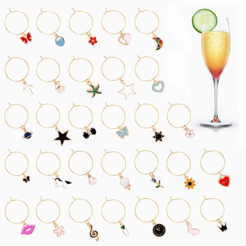 OOTSR Marcadores de Copas, 30Pz Marcadores Vasos y Copas de Cristal Reutilizables para Bebidas Vasos de Vino Tazas, Coloridos Identificador de Vasos para Fiesta Cóctel Champán Bar