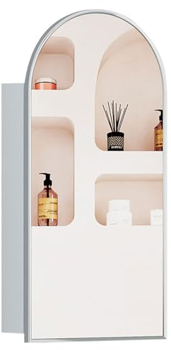 KEEPREAPER Spiegelschrank Bogen Silbrig, Badschrank hängend mit 3 Glas Einlegeböden, Badezimmerschrank mit Spiegel für Badezimmer modern,40x12x80cm
