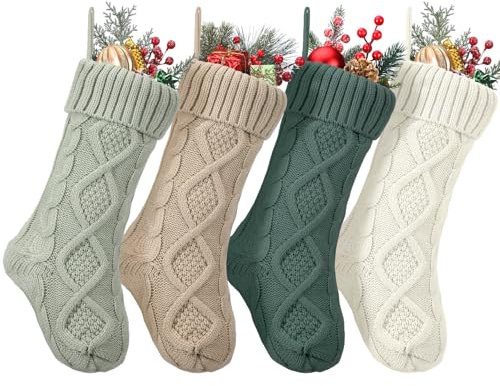 Coume 4 Pcs Sage Green Christmas Stockings 18 Large Knitted Christmas Stockings Knit Cable Boho Rustic Hanging Xmas Stockings for Fireplace Family Holiday Decor Decorations Ornament