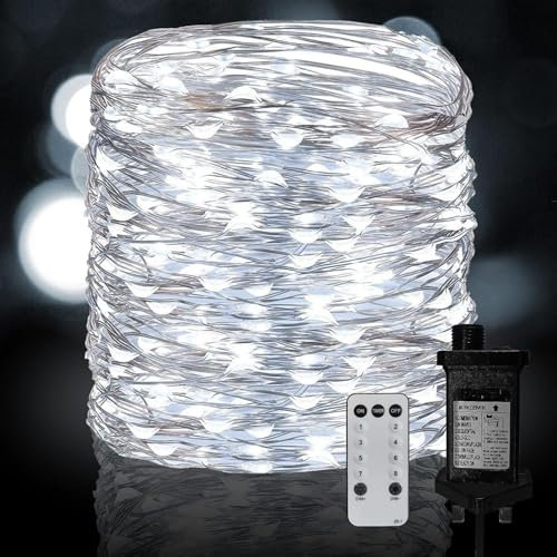Neonawall Plug in Fairy String Lights, 30M 300 LED Silver Wire Lights Mains Powered 8 Mode with Remote Timer Micro Firefly Lights for Bedroom Garden Wedding Party Christmas Decoration (Cool White)