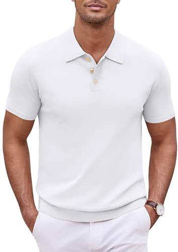 COOFANDY Mens Short Sleeve Poloshirt Regular Fit Knitted Golf Shirt Polo Collar Summer Shirt White L