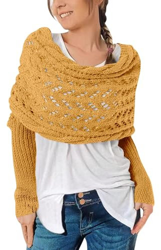Schal Mit Ärmeln, Gestrickter Schal Umhang Strickschal Damen Multifunktionaler Schal Mit Ärmeln Für Damen Winter Schal Mit Ärmeln Sweater Wrap Mit Ärmeln Boho Pashmina Schal Strick Schal,Yellow