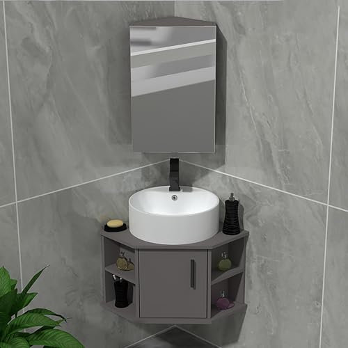 Gtzly Mueble BañO con Lavabo, Mueble de BañO Esquinero con Lavabo de CeráMica for Espacios PequeñOs con Espejo, DiseñO de Lavabo