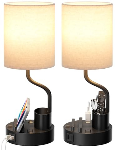 Bedside Table Lamps for Bedroom Set of 2 - Nightstand Light with AC Outlet and USB A & C for Charging, 3 Color Temperatures, Study Desk Lamp with Pen Holder & Phone Stand for Living Room/Dorm/Office