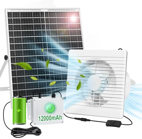 Solar Powered Fan with Battery Run Day/Night, 22W 9.8 Solar Fan for Chicken Coop with 12000mAh Battery, Waterproof Solar Greenhouse Fan for Shed, Chicken Coop, Greenhouse