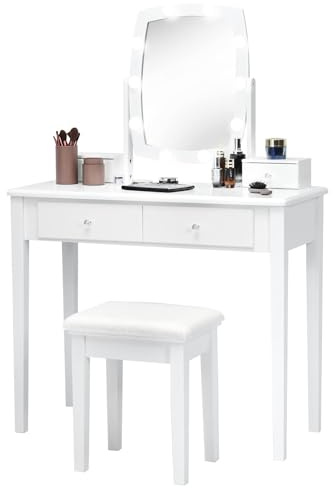 FANTASK Schminktisch mit 10 dimmbaren verstellbaren LED-Birnen, weiß,360° drehbarem Spiegel und Hocker, Frisiertisch mit 4 Schubladen, Kosmetiktisch mit Beleuchtung, für Make-up, modern