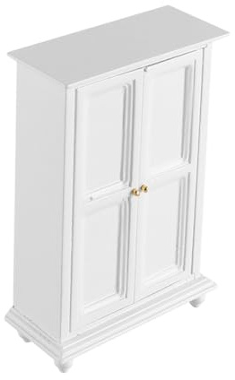FONGKNOX Holzschrank, Schublade, Miniatur-Kleiderschrank für Puppenhäuser, weißer Holz-Doppeltür-Haushaltsschrank, 1/12 Puppenhaus-Möbel, Dekorationszubehör