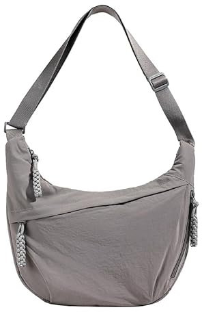 LOCCY Halbmond Umhängetasche Damen, Nylon Crossbody Bag Half Moon Bag Crossbody Schultertasche Hobo Tasche mit verstellbarer Schultergurt für Uni Arbeit Reisen Alltag (Grau)