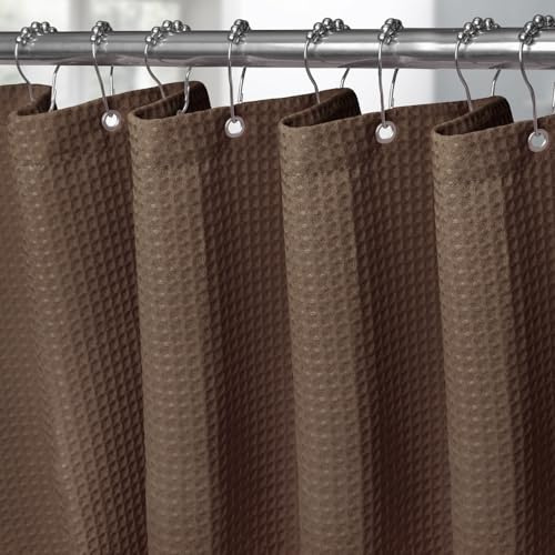 VANZAVANZU Waffel Duschvorhang mit Metall Duschvorhangringe Stoff Textil Badewannenvorhang Anti Schimmel Bad Vorhang Set Wasserdicht Schwerer Badewanne Vorhang - 182 x 214cm (Braun)