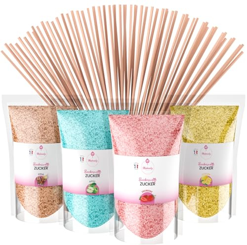 Misskandy®-Sucre Barbe à Papa pour machine- Arômes Naturels - Lot de * 160GR (Fraise-Cola-Pomme-Marshmallow) / poudre barbapapa+ 20 Bâtonnets - MADE IN FRANCE (Fraise/cola/pomme/citron)