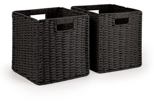 Woodluv Set of 2 Storage Cube Baskets, Wardrobe Organiser Toy Storage Baskets for Shelves, Black, 25 x 23 x 25 cm