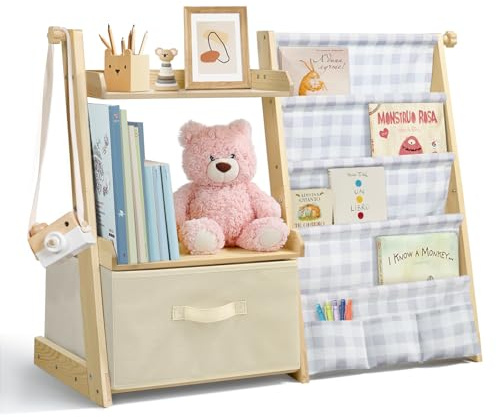 wooshwa Kids Bookshelf and Toy Storage, Montessori Wooden Children Bookcase and Toy Organizer, 4-tier Toddler Sling Book Shelf with a Large Storage Box for Nursery, Bedroom, Playroom (Grey Plaid)