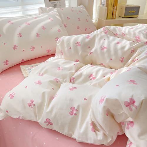 Covebett Bettwäsche 140x200 2teilig Baumwolle Weiß Rosa Schleifen Herzen | Bettbezug Set, 1 Kissenbezug 70x90, Romantisch Aesthetic, Herzchen Schleifenmuster, Mädchen Kinder, ÖKO-TEX, Reißverschluss