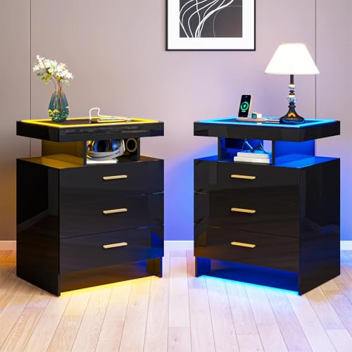 Gurexl Smart Nachttisch 2 er Set mit Kabellosem Laden & LED,Schubladenschrank Bedside Table mit Hochglanz Glasplatte und 3 Schubladen&1 Offenes Fach,für Bedroom,Office,Living Room Sofa,Schwarz