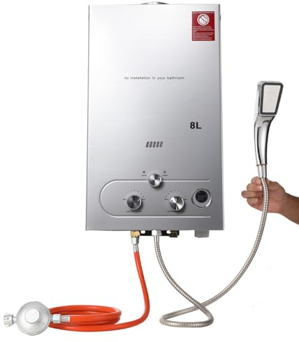 TABODD Chauffe-eau GPL 8 l au gaz propane avec régulateur de pression de gaz, chauffe-eau instantané sans réservoir avec kit de pommeau de douche pour petites maisons, cabines de voilier, pour