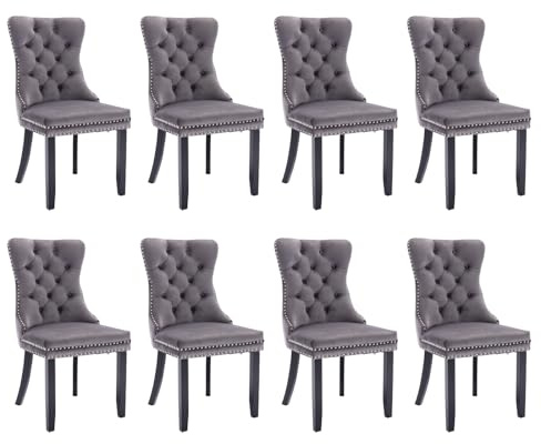 SoarFlash Esszimmerstühle mit gepolstertem Flügelrücken, grau, 8er Set | Weicher Samtbezug, Tufting, Nietenbesatz, Rückenring, Holzbeine. Ideal für Esszimmer, Wohnzimmer, Innendekoration.