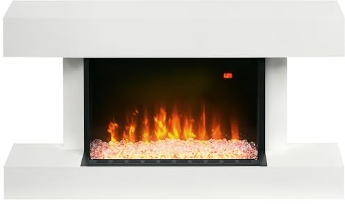 HOMCOM Elektrokamin, Wandkamin mit Heizung 2000 W, LED 3D-Flammeneffekt, Kristalle, in 11 Farben mit 3 Helligkeitsstufen, Elektrischer Kamin mit Fernbedienung, Timer, Wandmontage, Weiß